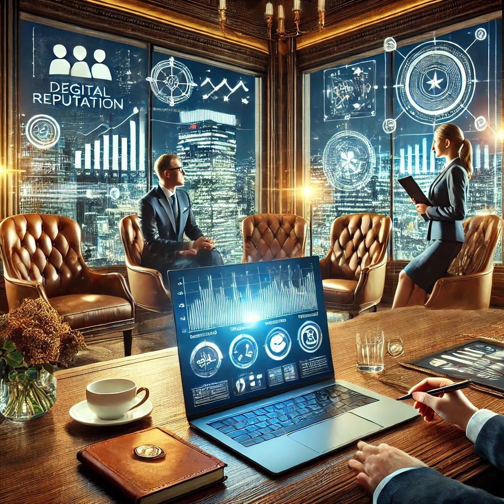 A luxurious executive meeting room with a professional team discussing strategies, featuring elegant furniture, digital screens displaying analytic